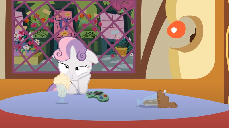 Size: 1280x720 | Tagged: safe, artist:jan, derpibooru import, sweetie belle, pony, unicorn, button's adventures, controller, drink, female, filly, foal, g4, image, milkshake, png, restaurant, solo, table