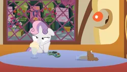 Size: 1280x720 | Tagged: safe, artist:jan, derpibooru import, sweetie belle, pony, unicorn, button's adventures, controller, drink, female, filly, foal, g4, image, milkshake, png, restaurant, solo, table