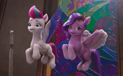 Size: 1752x1078 | Tagged: safe, derpibooru import, screencap, pipp petals, zipp storm, g5, my little pony: make your mark, spoiler:g5, spoiler:my little pony: make your mark, spoiler:my little pony: make your mark chapter 6, spoiler:mymc06e03, animated, caught, falling, flying, gif, image, magic, my little pony: make your mark chapter 6, restrained, restraints, roots of all evil, stained glass