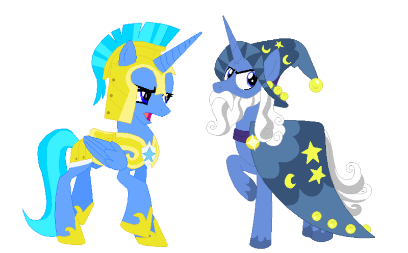 Size: 860x533 | Tagged: safe, artist:longplex, artist:uranus98, derpibooru import, oc, oc:neptune star, oc:uranus star, unofficial characters only, derpibooru community collaboration, 2024 community collab, annoyed, body armor, clothed ponies, concave belly, duo, furrowed brow, helmet, hoof shoes, horn, image, long horn, open mouth, png, princess shoes, raised hoof, raised leg, simple background, slim, standing, thin, transparent background