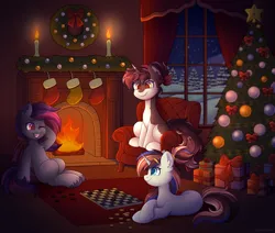 Size: 3000x2549 | Tagged: safe, artist:madelinne, derpibooru import, oc, unofficial characters only, bat pony, unicorn, bat pony oc, bat wings, candle, chair, checkers, christmas, christmas stocking, christmas tree, couch, fire, fireplace, forest, holiday, horn, image, nature, png, present, snow, snowfall, tree, unicorn oc, window, wings