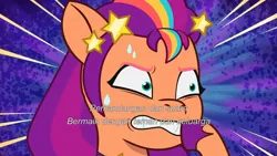 Size: 3072x1727 | Tagged: safe, derpibooru import, screencap, sunny starscout, earth pony, pony, g5, my little pony: tell your tale, spoiler:g5, spoiler:my little pony: tell your tale, spoiler:tyts01e69, equestria's got talent, female, frown, image, indonesian, jpeg, mare, solo, subtitles, sweat, sweatdrop