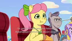 Size: 3072x1727 | Tagged: safe, derpibooru import, screencap, posey (g5), unnamed character, earth pony, pony, unicorn, g5, my little pony: tell your tale, spoiler:g5, spoiler:my little pony: tell your tale, spoiler:tyts01e69, adoraposey, cute, dreamy (g5), eating, equestria's got talent, female, food, frown, image, indonesian, jpeg, male, mare, open mouth, open smile, popcorn, smiling, stallion, subtitles, trio