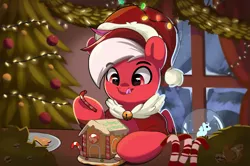 Size: 2295x1520 | Tagged: safe, artist:joaothejohn, derpibooru import, oc, unofficial characters only, pony, candies, candy, candy cane, christmas, christmas lights, christmas tree, clothes, food, gingerbread (food), gingerbread house, gingerbread pony, hat, holiday, image, looking down, png, santa hat, snow, snow globe, tongue out, tree, window, winter