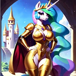 Size: 4096x4096 | Tagged: suggestive, ai content, derpibooru import, machine learning generated, stable diffusion, princess celestia, alicorn, anthro, absurd resolution, armor, armored pony, bedroom eyes, big breasts, breasts, busty princess celestia, cape, cleavage, clothes, collar, curvy, eyeshadow, fantasy class, female, g4, generator:pony diffusion v5, generator:purplesmart.ai, gold, hand on hip, image, jewelry, lidded eyes, looking at you, makeup, mascara, pinup, png, prompter:paajbach, regalia, royalty, shiny, solo, solo female, unconvincing armor, wingless