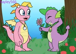 Size: 2164x1548 | Tagged: safe, artist:hayley566, derpibooru import, spike, dragon, bush, cassie (dragon tales), casspike, commission, crossover, crossover shipping, dragon tales, duo, eyes closed, female, flower, g4, grass, grin, image, jewelry, male, medal, necklace, open mouth, png, shipping, smiling, straight, tree