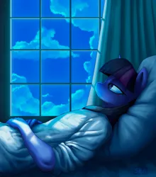 Size: 1430x1622 | Tagged: safe, artist:suhar, derpibooru import, twilight sparkle, anthro, unicorn, bed, clothes, cloud, curtains, dreamcore, female, image, lidded eyes, pillow, png, sky, solo, unicorn twilight, window