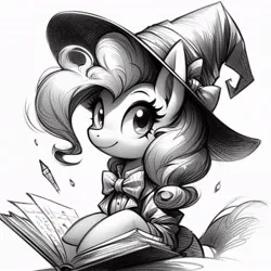 Size: 1024x1024 | Tagged: safe, ai content, derpibooru import, machine learning generated, prompter:speedytheartist69, pinkie pie, earth pony, pony, black and white, book, female, grayscale, hat, image, jpeg, monochrome, simple background, sketch, solo, wizard, wizard hat