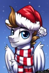 Size: 2000x3000 | Tagged: safe, artist:jedayskayvoker, derpibooru import, oc, oc:core, pegasus, pony, bust, christmas, clothes, colored sketch, folded wings, gradient background, hat, holiday, icon, image, looking at you, male, pegasus oc, png, portrait, santa hat, scarf, sketch, smiling, smiling at you, snow, snowfall, solo, stallion, wings