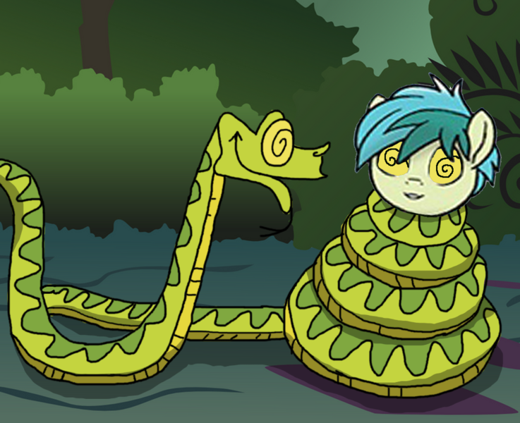 Size: 1078x878 | Tagged: safe, artist:ocean lover, derpibooru import, edit, edited edit, idw, sandbar, earth pony, snake, spoiler:comic, spoiler:comic16, spoiler:comicfeatsoffriendship02, bush, coils, comic, edit of an edit of an edit, forest, forest background, friendship student, g4, hypno eyes, hypnosis, hypnotized, image, kaa eyes, looking at each other, looking at someone, male, nature, png, slit eyes, slit pupils, smiling, snake eyes, swirly eyes, teenager, tree, two toned mane, wrapped up