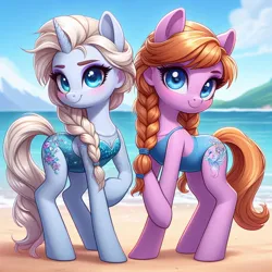 Size: 1024x1024 | Tagged: safe, ai content, derpibooru import, machine learning generated, ponified, earth pony, pony, unicorn, anna, beach, breasts, chestbreasts, clothes, elsa, frozen (movie), generator:dall-e 3, image, jpeg, one-piece swimsuit, swimsuit