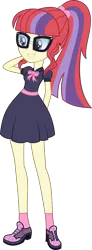 Size: 1750x4773 | Tagged: safe, artist:lazyvideogamegirl, derpibooru import, moondancer, human, equestria girls, arm behind back, arm behind head, blouse, clothes, dress, equestria girls-ified, female, g4, glasses, image, png, ponytail, shoes, simple background, smiling, socks, solo, transparent background, vector