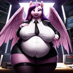 Size: 1024x1024 | Tagged: safe, ai content, derpibooru import, machine learning generated, stable diffusion, princess cadance, alicorn, anthro, belly, big belly, big breasts, breasts, business suit, busty princess cadance, button-up shirt, clothes, derpibooru exclusive, fat, female, g4, huge breasts, image, necktie, office, png, pregdance, pregnant, prompter:professordoctorc, shirt, skirt, smiling, socks, stockings, thigh highs, wardrobe malfunction