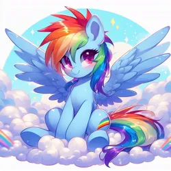Size: 1024x1024 | Tagged: safe, ai content, derpibooru import, machine learning generated, rainbow dash, pegasus, pony, blushing, cloud, cute, dashabetes, female, g4, generator:bing image creator, generator:dall-e 3, image, jpeg, looking at you, on a cloud, sitting, sitting on cloud, smiling, smiling at you, solo, spread wings, wings, wrong cutie mark