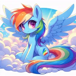 Size: 1024x1024 | Tagged: safe, ai content, derpibooru import, machine learning generated, rainbow dash, pegasus, pony, blushing, cloud, cute, dashabetes, female, g4, generator:bing image creator, generator:dall-e 3, image, jpeg, looking at you, on a cloud, sitting, sitting on cloud, smiling, smiling at you, solo, spread wings, wings, wrong cutie mark