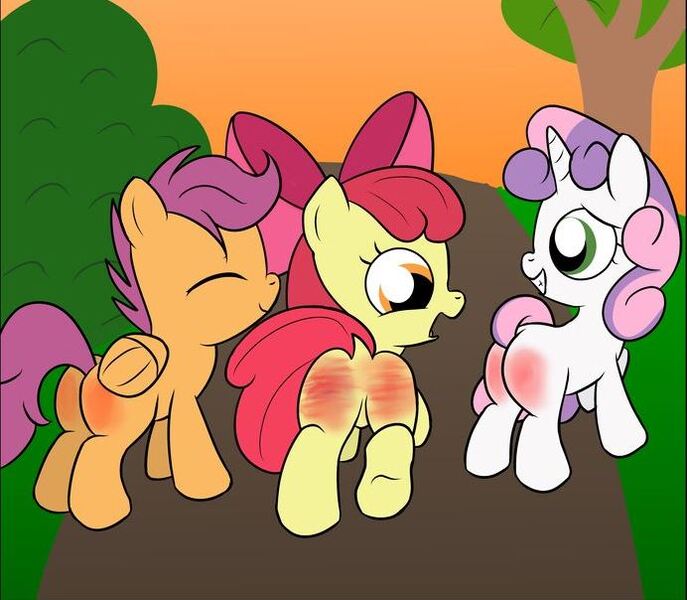 Size: 692x604 | Tagged: artist needed, safe, derpibooru import, apple bloom, scootaloo, sweetie belle, butt, cutie mark crusaders, image, jpeg, plot, spank mark, spanked