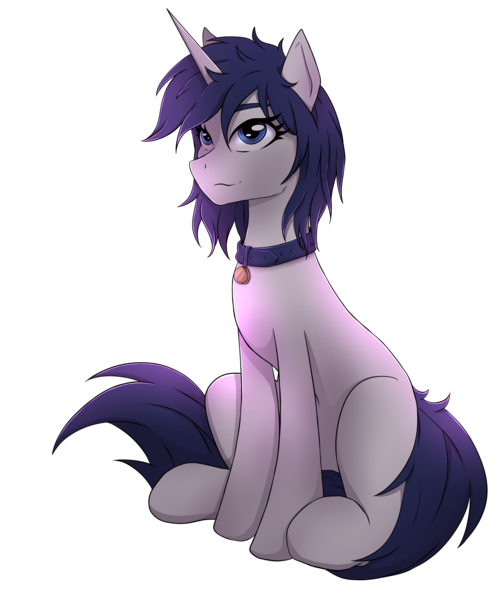 Size: 3322x4001 | Tagged: safe, artist:alicetriestodraw, derpibooru import, oc, oc:mysza, unofficial characters only, pony, unicorn, derpibooru community collaboration, 2023 community collab, blue eyes, blue mane, collar, female, horn, image, mare, pet tag, png, simple background, sitting, solo, transparent background, unicorn oc, white fur