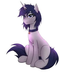 Size: 3322x4001 | Tagged: safe, artist:alicetriestodraw, derpibooru import, oc, oc:mysza, unofficial characters only, pony, unicorn, derpibooru community collaboration, 2023 community collab, blue eyes, blue mane, collar, female, horn, image, mare, pet tag, png, simple background, sitting, solo, transparent background, unicorn oc, white fur