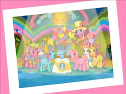 Size: 900x675 | Tagged: safe, derpibooru import, screencap, cheerilee (g3), pinkie pie (g3), rainbow dash (g3), scootaloo (g3), starsong, sweetie belle (g3), toola roola, earth pony, pegasus, pony, unicorn, g3, meet the ponies, bouquet, clothes, core seven, flower, flying, hat, image, looking at camera, png, rainbow dash's hat fashion party, raised hoof, spotlight, toola-roola