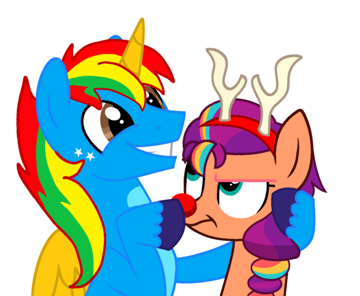 Size: 1556x1280 | Tagged: safe, artist:shieldwingarmorofgod, derpibooru import, sunny starscout, oc, oc:shield wing, alicorn, earth pony, pony, g5, alicorn oc, antlers, female, g4, g5 to g4, generation leap, holiday, horn, image, male, png, rudolph nose, rudolph the red nosed reindeer, simple background, transparent background, wings