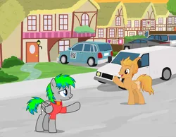 Size: 8836x6846 | Tagged: safe, artist:creedyboy124, derpibooru import, oc, oc:arty, oc:fire flame, unofficial characters only, alicorn, pegasus, alicorn oc, car, female, horn, image, male, pegasus oc, png, street, van, waving, wings