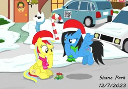 Size: 5625x3925 | Tagged: safe, artist:creedyboy124, derpibooru import, oc, oc:michelle lightheart, oc:sarah lee, unofficial characters only, pegasus, pony, candy, candy cane, car, christmas, clothes, duo, duo female, female, food, hat, holiday, image, mistletoe, png, santa hat, scarf, snow, snowpony, street, winter, wreath