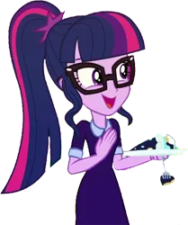 Size: 2105x2520 | Tagged: safe, derpibooru import, edit, edited screencap, editor:homersimpson1983, screencap, sci-twi, twilight sparkle, human, equestria girls, background removed, cake, clothes, dress, female, food, fork, glasses, image, not a vector, png, ponytail, simple background, solo, transparent background