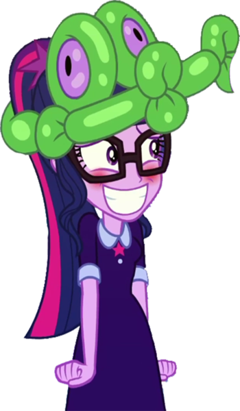 Size: 1472x2520 | Tagged: safe, derpibooru import, edit, edited screencap, editor:homersimpson1983, screencap, gummy, twilight sparkle, equestria girls, background removed, balloon, balloon animal, big smile, blushing, clothes, dress, female, image, not a vector, png, smiling, solo