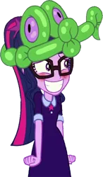 Size: 1472x2520 | Tagged: safe, derpibooru import, edit, edited screencap, editor:homersimpson1983, screencap, gummy, twilight sparkle, equestria girls, background removed, balloon, balloon animal, big smile, blushing, clothes, dress, female, image, not a vector, png, smiling, solo