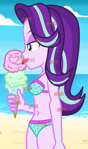 Size: 2148x3644 | Tagged: safe, derpibooru import, spike, starlight glimmer, equestria girls, beach, bedroom eyes, bikini, clothes, female, food, heart, ice cream, image, licking, male, micro, png, ship:sparlight, shipping, soft vore, straight, swimsuit, tongue out, vore, when you see it
