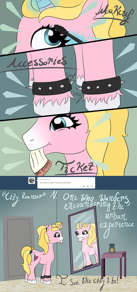 Size: 1280x2736 | Tagged: safe, artist:jillspencil, derpibooru import, oc, oc:questrapolia, pony, unicorn, ask-questrapolia, bracelet, female, image, magic, mare, mirror, mouth hold, png, solo, spiked wristband, ticket, wristband