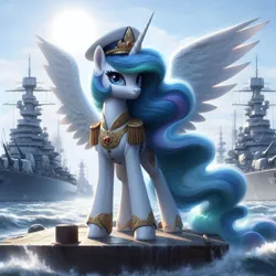 Size: 1024x1024 | Tagged: safe, ai content, derpibooru import, machine learning generated, prompter:voyaka, princess celestia, alicorn, battleship, clothes, g4, image, military, military uniform, png, solo, uniform, weapon