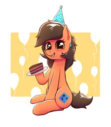 Size: 2469x2823 | Tagged: safe, artist:harukiicat, derpibooru import, oc, oc:robertapuddin, unofficial characters only, earth pony, pony, balloon, cake, food, hat, holding, image, looking at you, party hat, png, simple background, sitting, smiling, solo