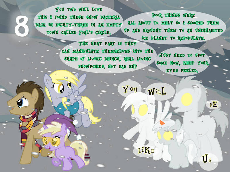 Size: 827x621 | Tagged: safe, artist:bronybyexception, derpibooru import, derpy hooves, dinky hooves, doctor whooves, time turner, earth pony, pegasus, pony, unicorn, advent calendar, clothes, coat, doppelganger, female, filly, foal, glow, glowing eyes, hat, image, jpeg, looking back, male, mare, scarf, snow, snowfall, snowponies, stallion