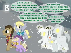 Size: 827x621 | Tagged: safe, artist:bronybyexception, derpibooru import, derpy hooves, dinky hooves, doctor whooves, time turner, earth pony, pegasus, pony, unicorn, advent calendar, clothes, coat, doppelganger, female, filly, foal, glow, glowing eyes, hat, image, jpeg, looking back, male, mare, scarf, snow, snowfall, snowponies, stallion