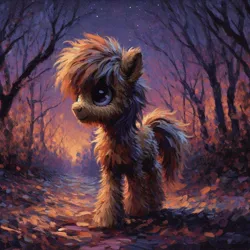 Size: 1024x1024 | Tagged: safe, ai content, derpibooru import, machine learning generated, prompter:voyaka, oc, earth pony, fluffy pony, pony, atmosphere, autumn, cute, fluffy, forest, generator:bing image creator, image, nature, oil, oil painting, png, solo, sunset, traditional art, tree