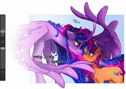 Size: 2160x1528 | Tagged: safe, artist:shinysolaria, derpibooru import, princess twilight 2.0, sunny starscout, twilight sparkle, twilight sparkle (alicorn), alicorn, g5, the last problem, crown, duo, duo female, female, foreshadowing, horn, image, jewelry, jpeg, looking at each other, looking at someone, meta, older, older twilight, older twilight sparkle (alicorn), pun, regalia, shadow, signature, smiling, smiling at each other, spread wings, sunny and her heroine, text, that magic is yours to give, visual pun, wings