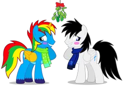 Size: 6591x4627 | Tagged: safe, artist:creedyboy124, derpibooru import, oc, oc:shane park, oc:shield wing, unofficial characters only, alicorn, pegasus, pony, alicorn oc, blushing, clothes, gay, holiday, horn, image, male, mistletoe, pegasus oc, png, scarf, shipping, simple background, stallion, transparent background, wings, winter