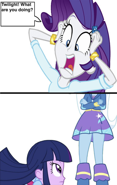 Size: 1590x2520 | Tagged: suggestive, artist:homersimpson1983, derpibooru import, rarity, trixie, twilight sparkle, human, equestria girls, clothes, dialogue, dress, g4, image, jacket, jpeg, looking up, shirt, skirt, socks, yelling