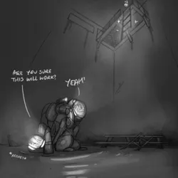 Size: 3000x3000 | Tagged: safe, artist:captainhoers, derpibooru import, oc, unofficial characters only, pony, dialogue, duo, grayscale, high res, image, jpeg, ladder, low angle, monochrome, spacesuit, this will end in pain