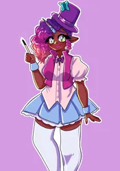 Size: 2100x3000 | Tagged: safe, artist:mylittleyuri, derpibooru import, human, g5, clothes, commissioner:briarlight, cornrows, cute, dark skin, horn, horned humanization, humanized, image, lipstick, magic wand, magician, magician outfit, misty brightdawn, mistybetes, png, skirt, socks, solo, stockings, thigh highs