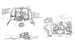 Size: 4400x2500 | Tagged: safe, artist:captainhoers, derpibooru import, oc, unofficial characters only, earth pony, gryphon, pony, comic, dialogue, grayscale, griffon oc, high res, image, jpeg, monochrome, multiple eyes, simple background, spacesuit, trio, vehicle, white background