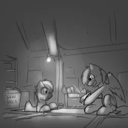 Size: 3000x3000 | Tagged: safe, artist:captainhoers, derpibooru import, oc, oc:concorde, unofficial characters only, pegasus, pony, attic, duo, eyebrows, grayscale, grin, high res, hoof hold, image, jpeg, monochrome, offspring, parent:soarin', parent:spitfire, parents:soarinfire, raised eyebrow, smiling, space shuttle, sparkles, toy