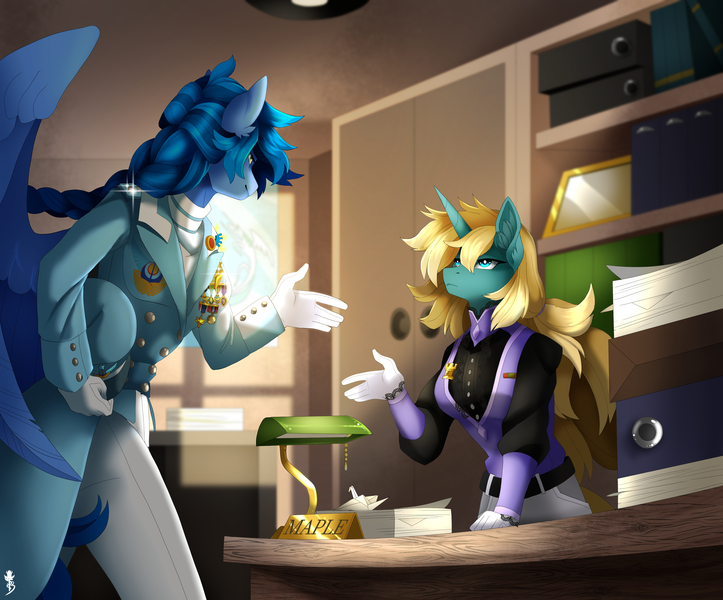 Size: 3715x3083 | Tagged: safe, artist:taiga-blackfield, derpibooru import, oc, oc:blue bolt, oc:maple parapet, unofficial characters only, anthro, pegasus, unicorn, clothes, duo, horn, image, jpeg, pegasus oc, unicorn oc, uniform, wings