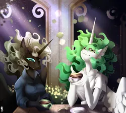 Size: 2236x2011 | Tagged: safe, artist:taiga-blackfield, derpibooru import, oc, oc:eos, oc:malice, unofficial characters only, alicorn, anthro, alicorn oc, duo, horn, image, jpeg, wings