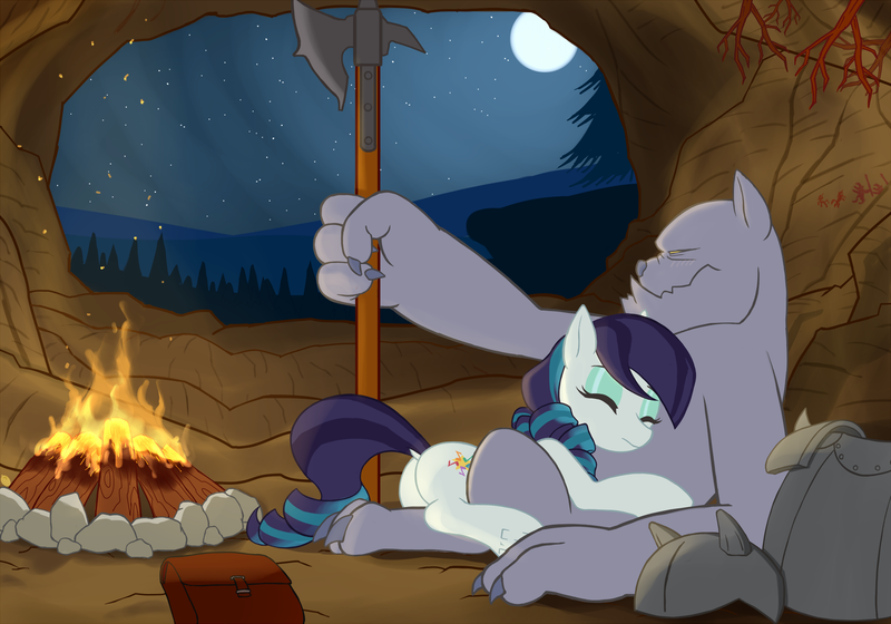 Size: 1714x1200 | Tagged: safe, artist:lemon, derpibooru import, coloratura, diamond dog, earth pony, pony, armor, bodyguard, bonfire, butt, cave, cuddling, cute, dock, eyes closed, fire, halberd, image, moon, night, painting, plot, png, sleeping, tail, underhoof, warm, weapon