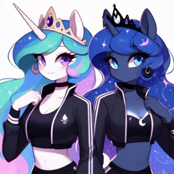 Size: 1024x1024 | Tagged: safe, ai content, derpibooru import, machine learning generated, princess celestia, princess luna, anthro, ambiguous facial structure, breasts, cleavage, clothes, duo, female, generator:dall-e 3, image, jpeg, midriff