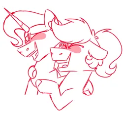 Size: 600x550 | Tagged: safe, artist:fuckomcfuck, derpibooru import, trixie, oc, oc:doodles, pegasus, pony, unicorn, blushing, canon x oc, duo, female, hug, image, laughing, lesbian, mare, png, simple background, white background