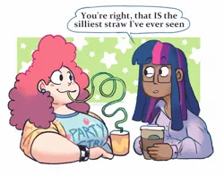 Size: 895x703 | Tagged: safe, artist:punkittdev, derpibooru import, pinkie pie, twilight sparkle, human, :3, breasts, busty pinkie pie, coffee cup, crazy straw, cup, dialogue, drink, drinking, drinking straw, duo, fat, glasses, humanized, image, jpeg, light skin, moderate dark skin, pudgy pie, silly straw, speech bubble