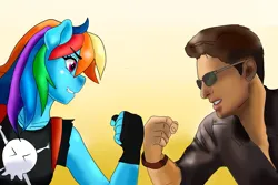 Size: 8504x5669 | Tagged: safe, artist:saulazuli, derpibooru import, rainbow dash, anthro, crossover, image, johnny cage, mortal kombat, mortal kombat 1, png, versus